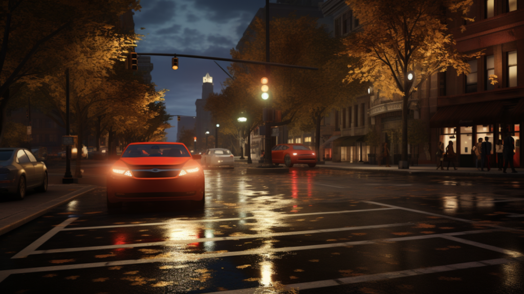 Show_a_car_at_a_four-way_intersection_with_illuminated